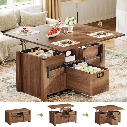 40" Farmhouse Lift Top Coffee Table with Storage Drawers,Walnut | 4 in 1 Multi-Function Coffee Tables with Sliding Barn Door & Hidden Compartment,Converts to Dining Table for Living Room