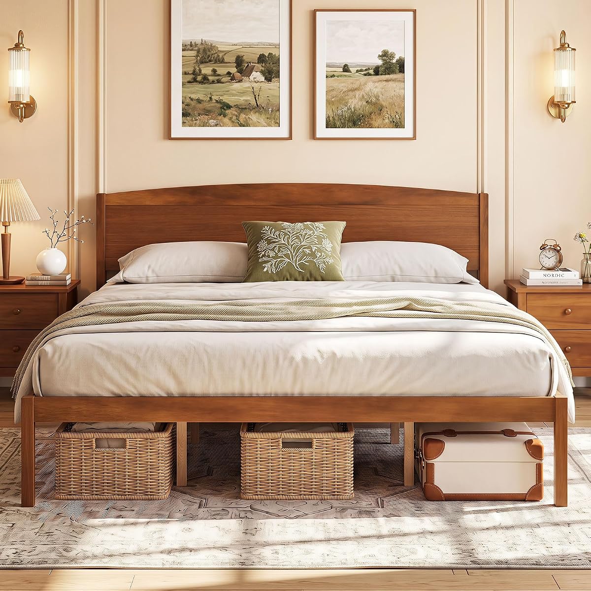 King Size Wooden Bed Frame with Curved Headboard, Wood Slat Support