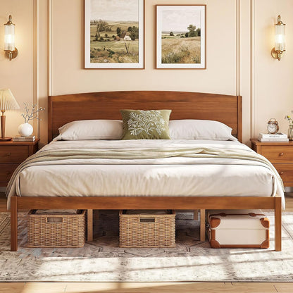 King Size Wooden Bed Frame with Curved Headboard, Wood Slat Support