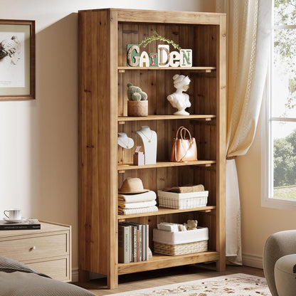 5-Tier Real Wood Bookcase Solid Wood Bookshelf Display Storage Shelf