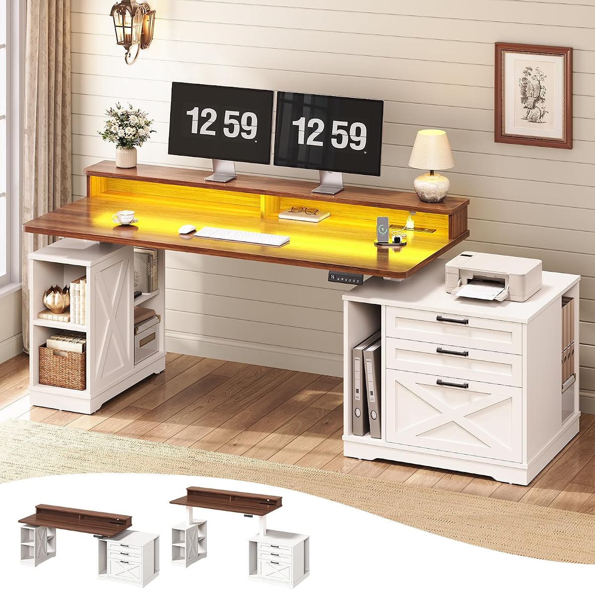 Farmhouse Electric Standing Desk with 3 Drawers and File Cabinet