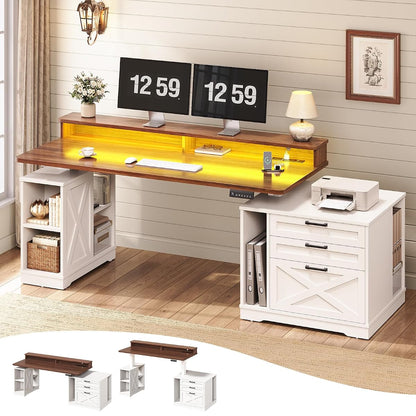 Farmhouse Electric Standing Desk with 3 Drawers and File Cabinet