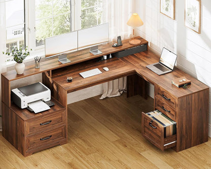 Farmhouse 68 Inch L Shaped Executive Desk with Drawers, Walnut