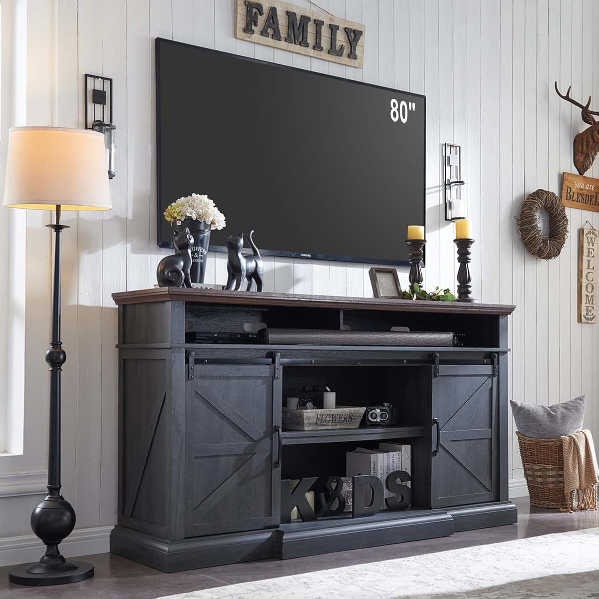 Farmhouse 80/75 inch TV Stand, 37.4" Tall Entertainment Center, Grey