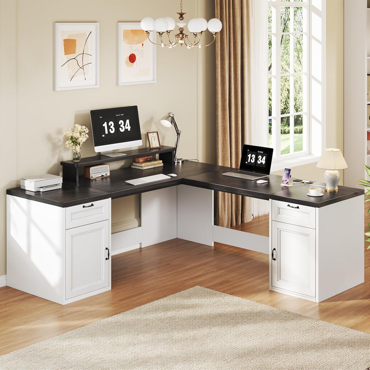 78" Farmhouse L Shaped Executive Desk with Drawers