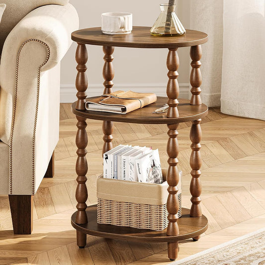 3-Tier Small Side Table - Oval End Table with Vintage Spindle Legs, Accent Night Stand with Storage Shelf for Narrow Spaces, Wood Nightstand Bedside Table for Living Room, Bedroom, Walnut