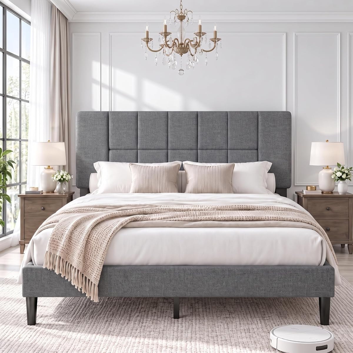 Queen Size Bed Frame with Headboard, Modern Bed Frame, Gray