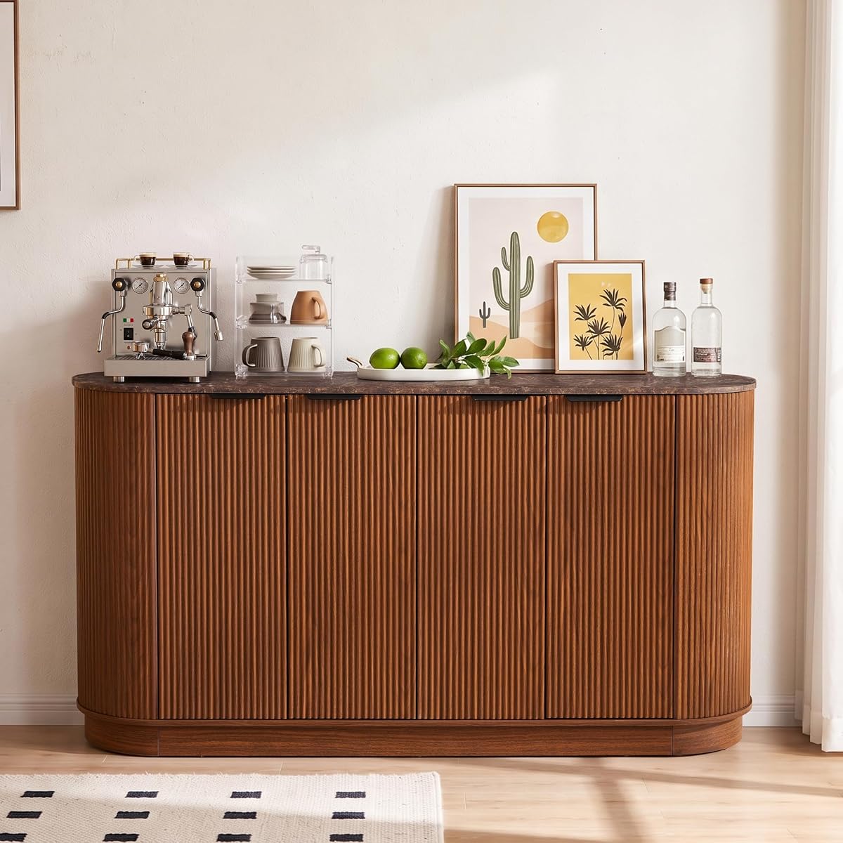Modern Sideboard Buffet Cabinet with Storage, 59” Curved Credenza, Walnut