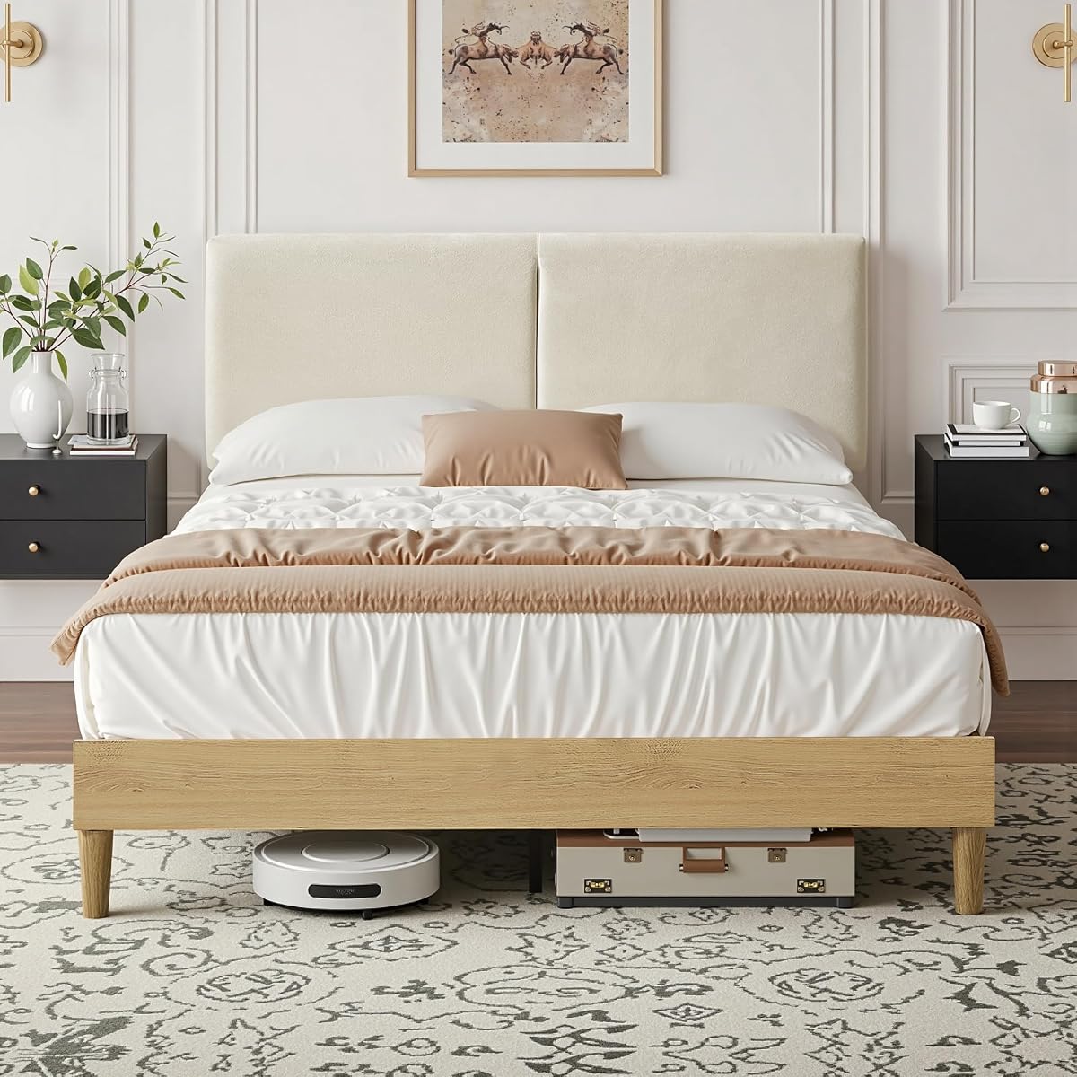 Queen Bed Frame Upholstered Platform Beds with Height-Adjustable Cotton