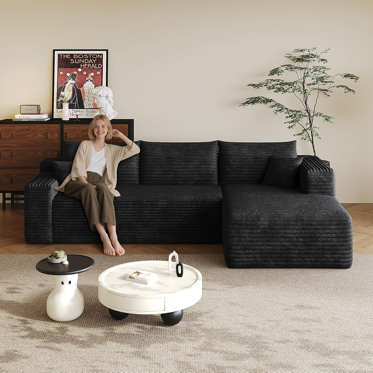 96.5" L-Shape Boneless Modular Sectional Cloud Couch in a Box with Chaise Modern Comfy Corduroy couches for Living Room-Memory Foam Compressed Sofa,No Assembly Required(Black)
