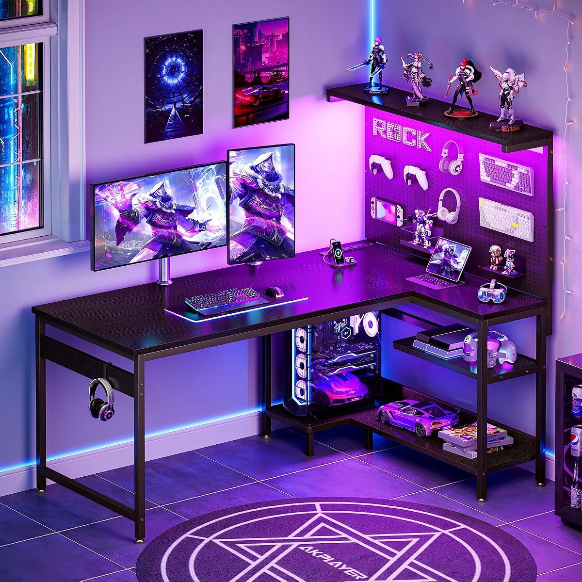 55" L Shaped Gaming Desk with Pegboard Hutch, LED Lights, Black