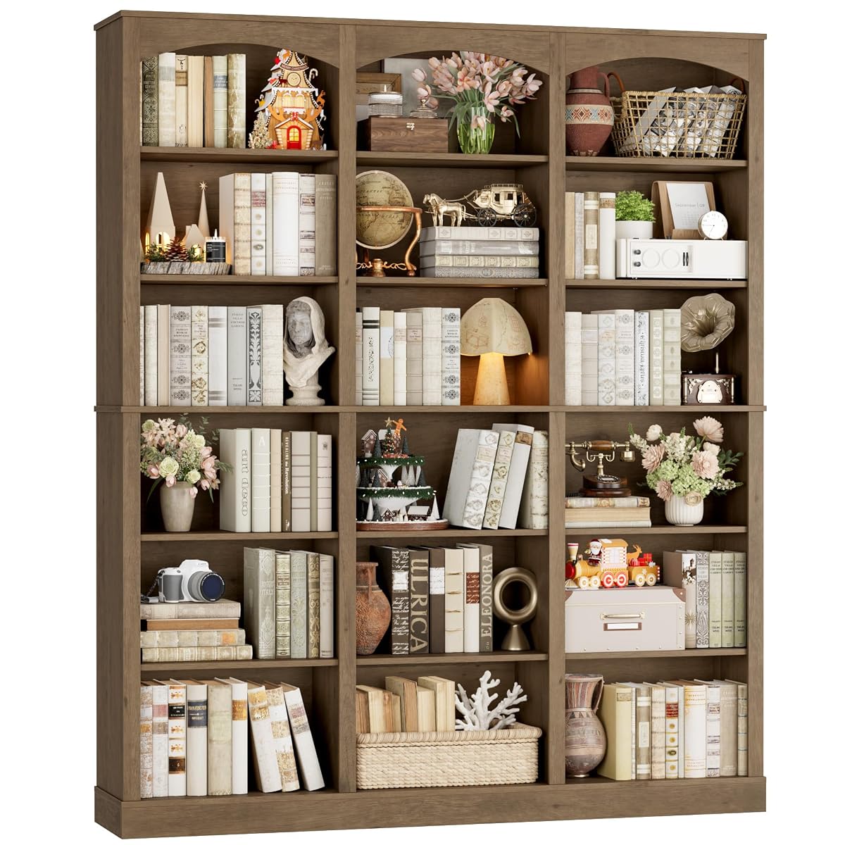 71" Triple Wide Bookshelf, 6 Tier Tall Bookshelf, Large Arched Bookcase with Curved Baffle, 63.4" Wide Book Shelf with 18 Open Display Shelves for Living Room, Study, Phoebe Zhennan