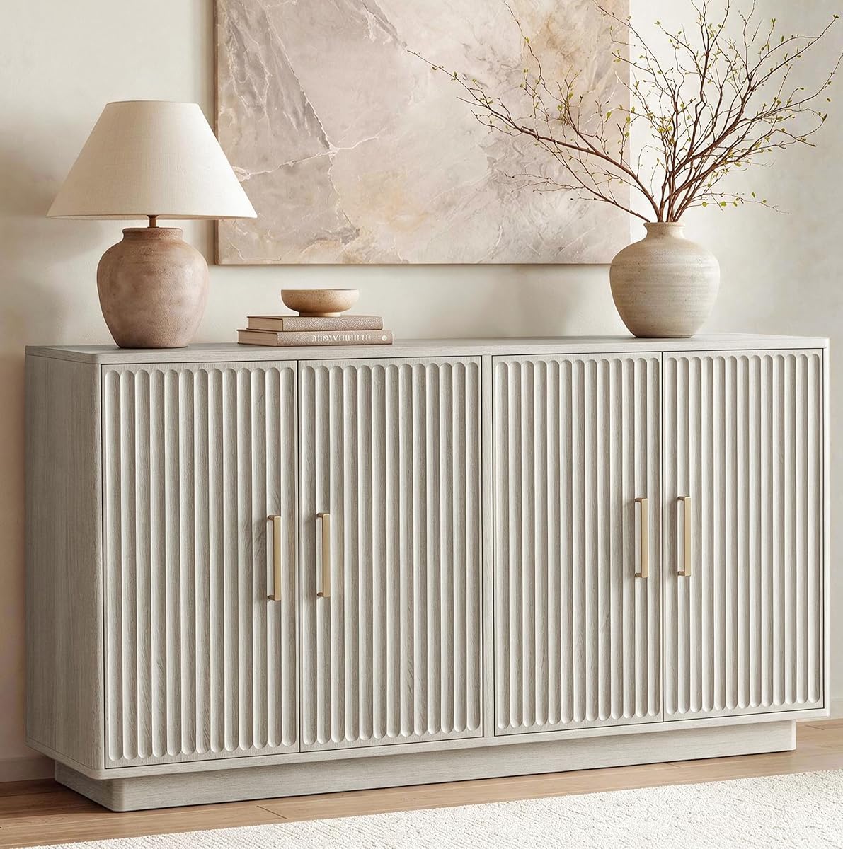 55" Fluted Buffet Cabinet with Storage, Modern Credenza, Greige