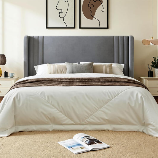 Full Size Modern Upholstered Velvet Bed Frame with Vertical-Striped Wingback
