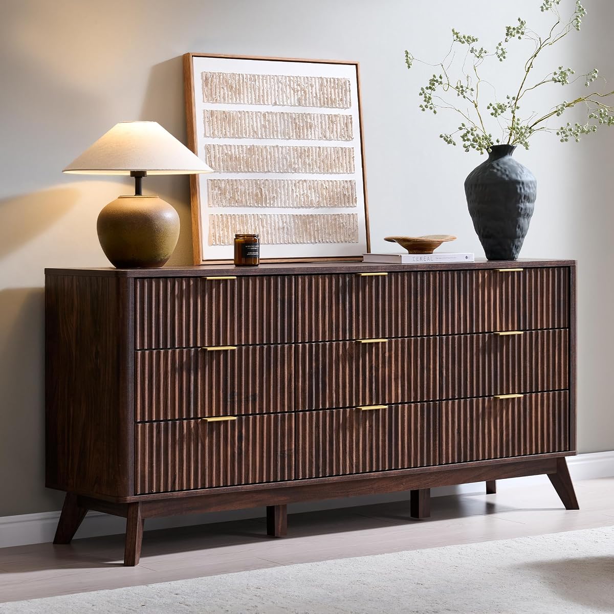 63" Wide Fluted 9 Drawer Dresser for Bedroom, Dark Walnut