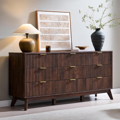 63" Wide Fluted 9 Drawer Dresser for Bedroom, Dark Walnut