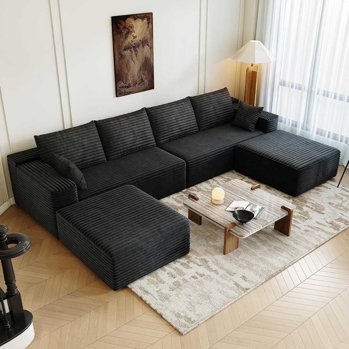 139.4" Modular Sectional Sofa, U-Shaped Minimalist Couches with 2 Ottomans Chaise, Modern Deep Seat Convertible Sleeper Sofa Bed,Cloud Plush Corduroy Fabric, No Assembly Required, 6 Seater, Black