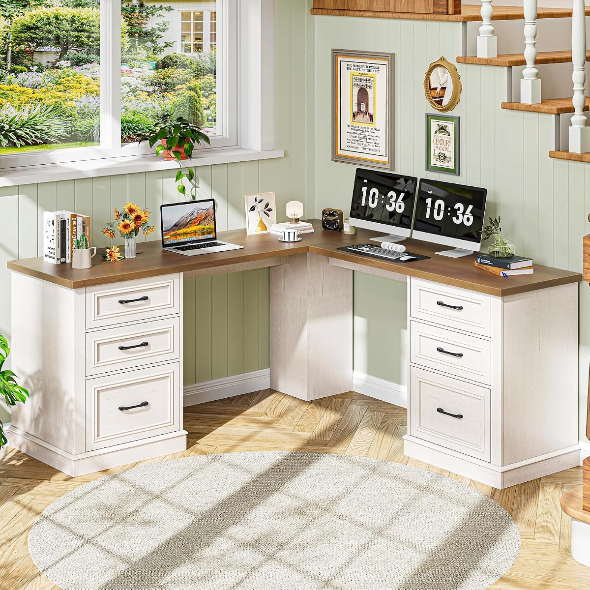 Farmhouse 59" L-Shaped Executive Desk with File Drawer,Unique White