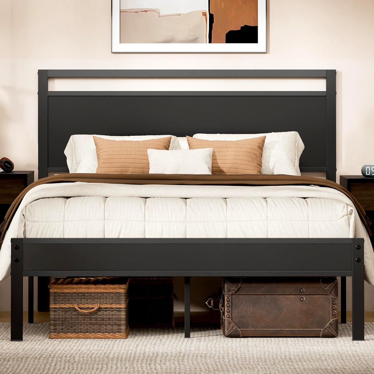 Wooden Headboard Metal Platform Bed