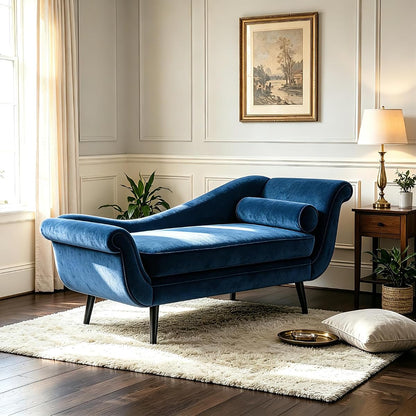 68" Blue Velvet Chaise Lounge Chair, Vintage Scroll Arm & Wave Back Sofa