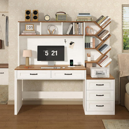 55" Computer Desk with Bookshelf, Drawers ＆ Hutch for Bedroom, Home Office
