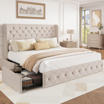 King Size Bed Frame with Storage Drawers and Wingback Headboard Linen