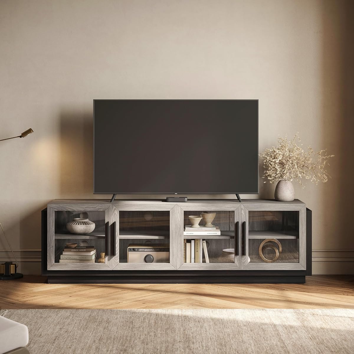 70" TV Stand for TVs up to 75", Modern TV Cabinet & Entertainment Center with Shelves, Wood Storage Cabinet for Living Room or Bedroom - Brixston (Grey)
