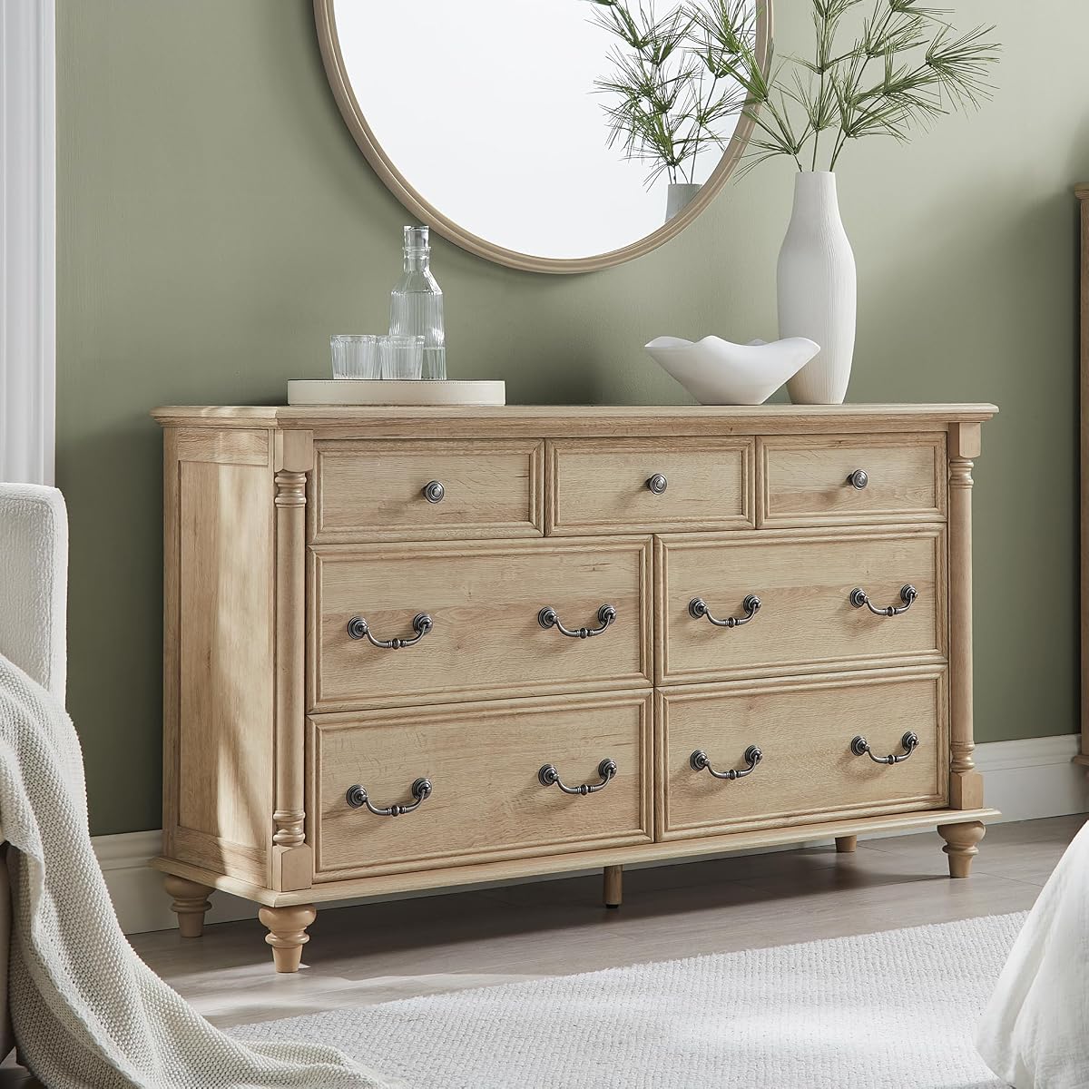 Farmhouse 7-Drawer Dresser with Solid Wood Feet, Natural Oak