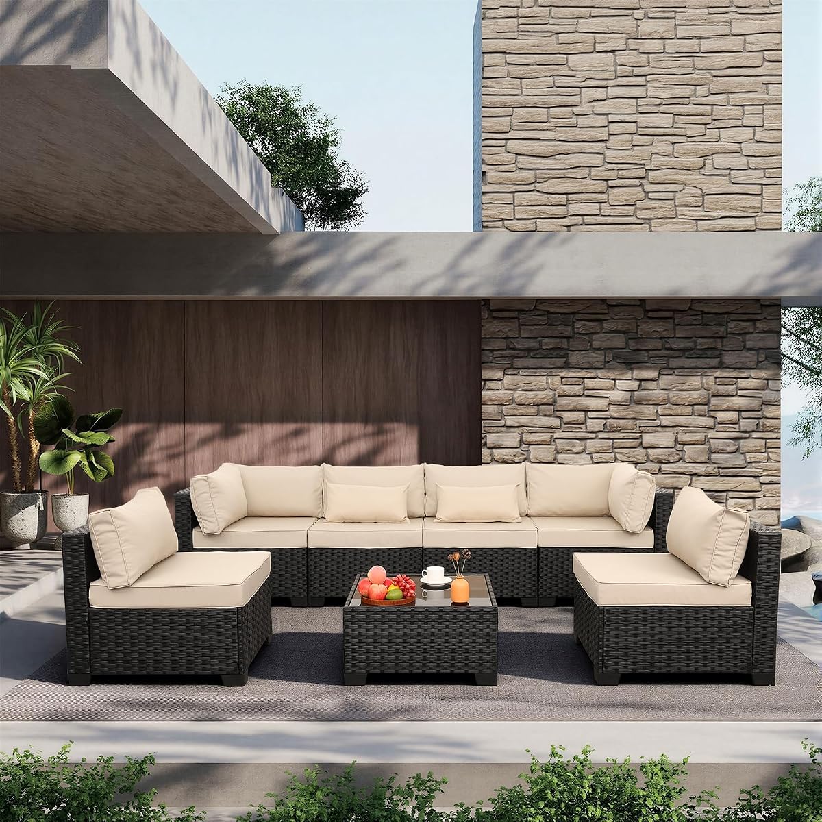 7 Pieces Outdoor PE Wicker Furniture Set Patio Rattan Sectional Conversation Sofa Set with Khaki Cushions and Glass Top Table