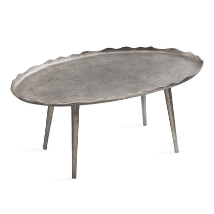 Alessia Modern Glam Oval Coffee Table; 34 x 20 x 15; Silver; Metal Living Room Table for Storage and Display with Antique Deckled Edge Detailing