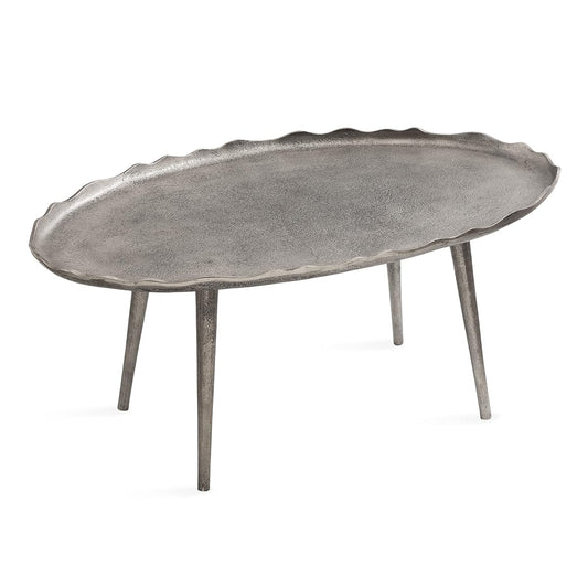 Alessia Modern Glam Oval Coffee Table; 34 x 20 x 15; Silver; Metal Living Room Table for Storage and Display with Antique Deckled Edge Detailing