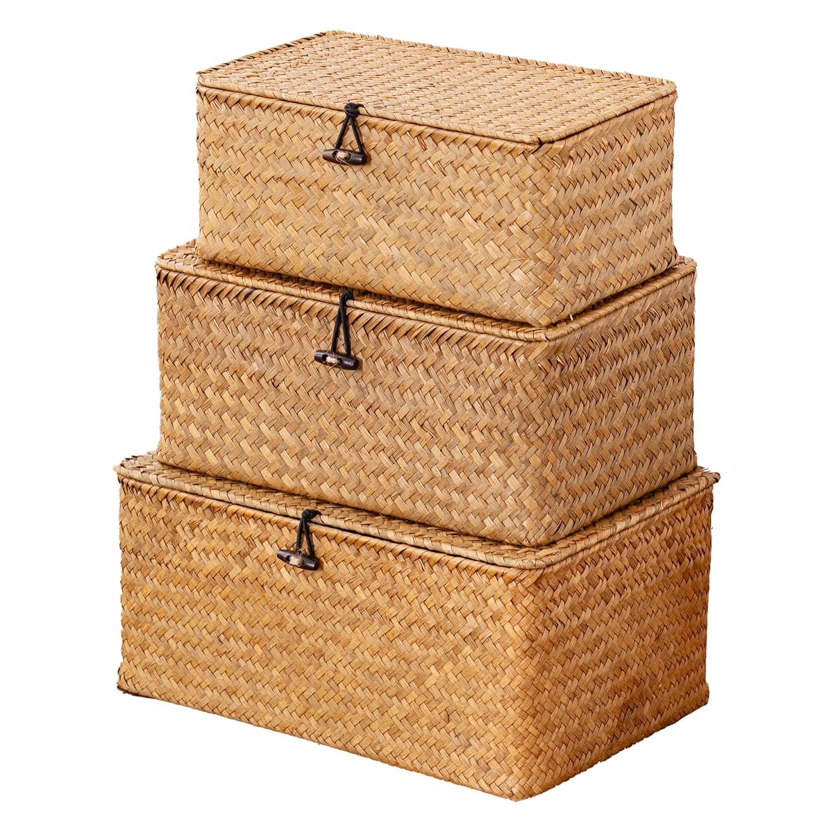 Wicker Storage Basket with Lid,Seagrass Shelf Basket Set of 3,Natural