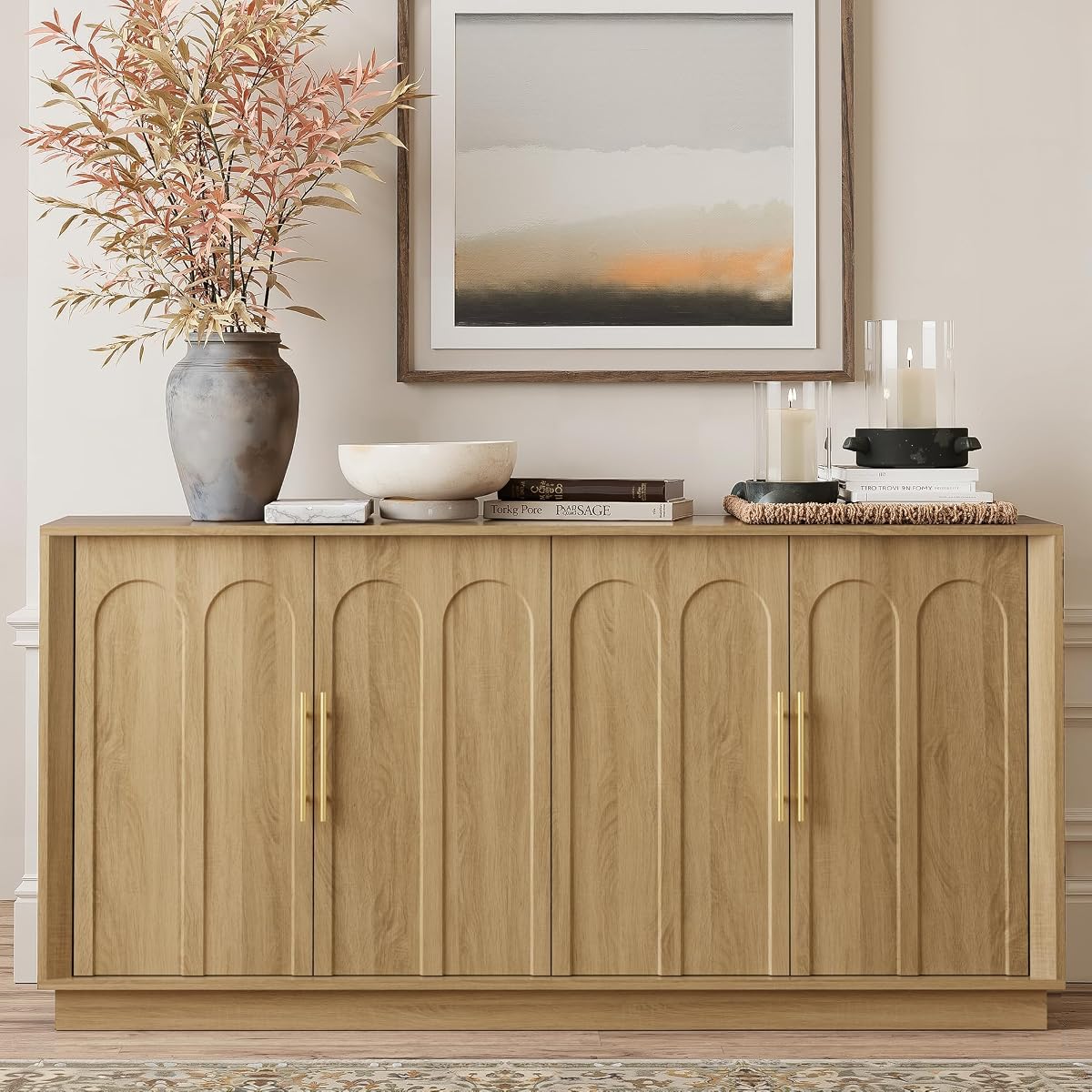67" Sideboard Buffet Cabinet with Storage, Arched Doors, Oak