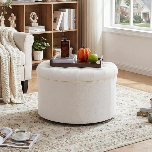 25" Round Ottoman with Hidden Storage, Ottoman Foot Rest & Storage Stool for Blanket, Chenille Fabric Foot Rest for Couch, Bedroom, Living Room, Corner, or Apartment, Accent Home Decor, Beige