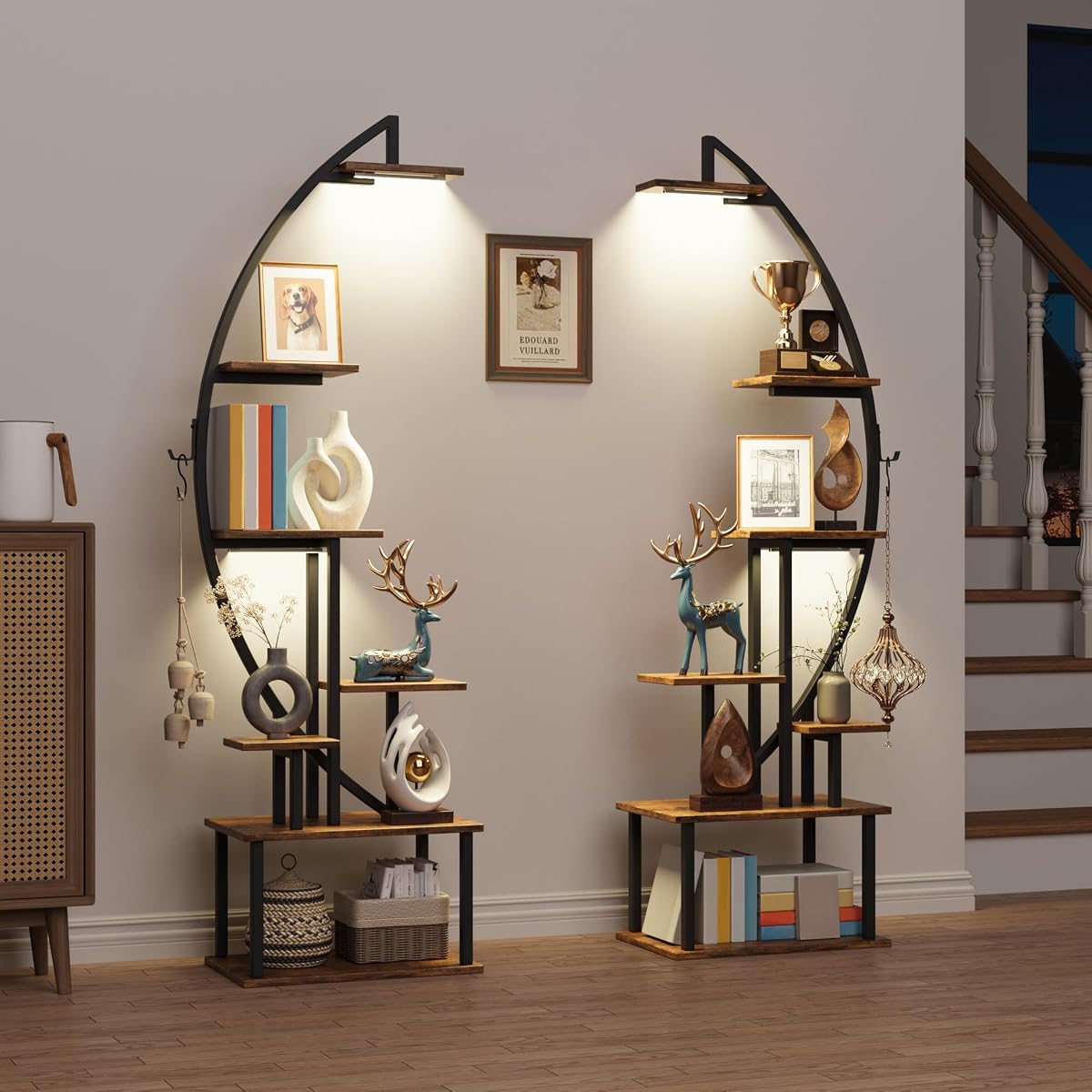 Tall Bookshelf with Lights, 2 Pack Ladder Bookcase