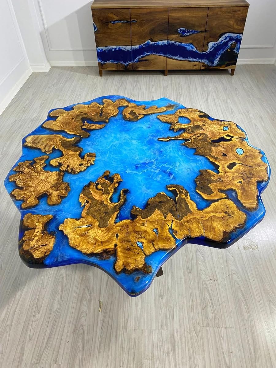Customized Resin Epoxy Round Table Top, Unique Blue Ocean Look, Coffee Table Design, Resin Table, Luxury Decor Table, Walnut Table, Wooden Resin Table, (28.5" Inches Tall, 24 x 24 Inches)