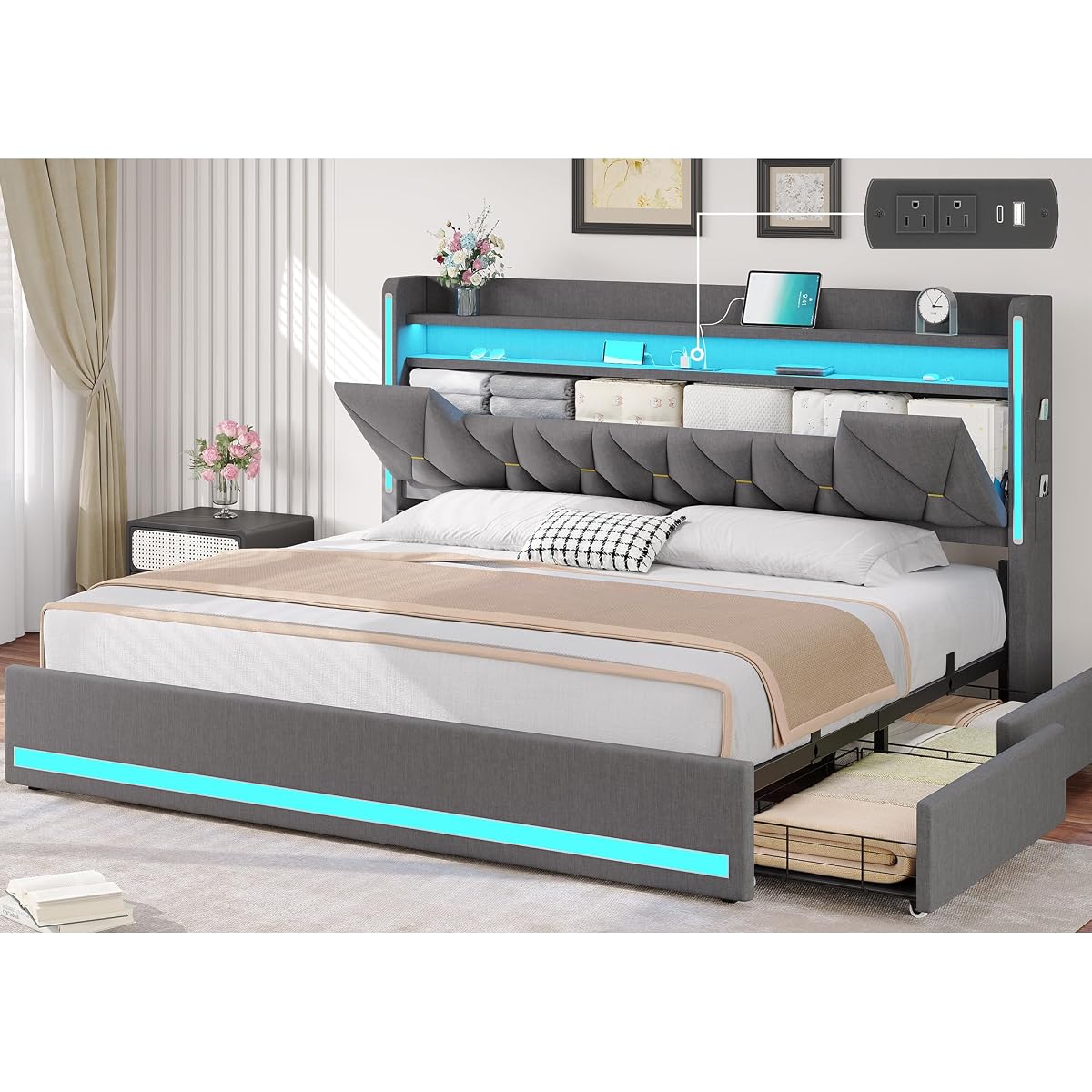 King Size Bed Frame with 4 Drawers, Storage Headboard and LED Lights