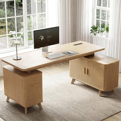 63" L Shaped Executive Desk with Drawers & Sliding Doors Fluted