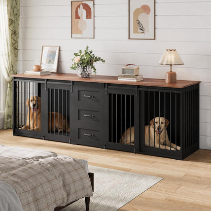 Large Dog Crate Furniture, Farmhouse Double Dog Kennel TV Stand w/ 3 Drawers
