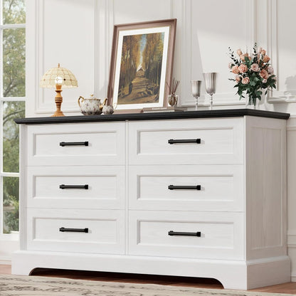Dresser for Bedroom, Farmhouse 6 Drawers Dressers, White and Black