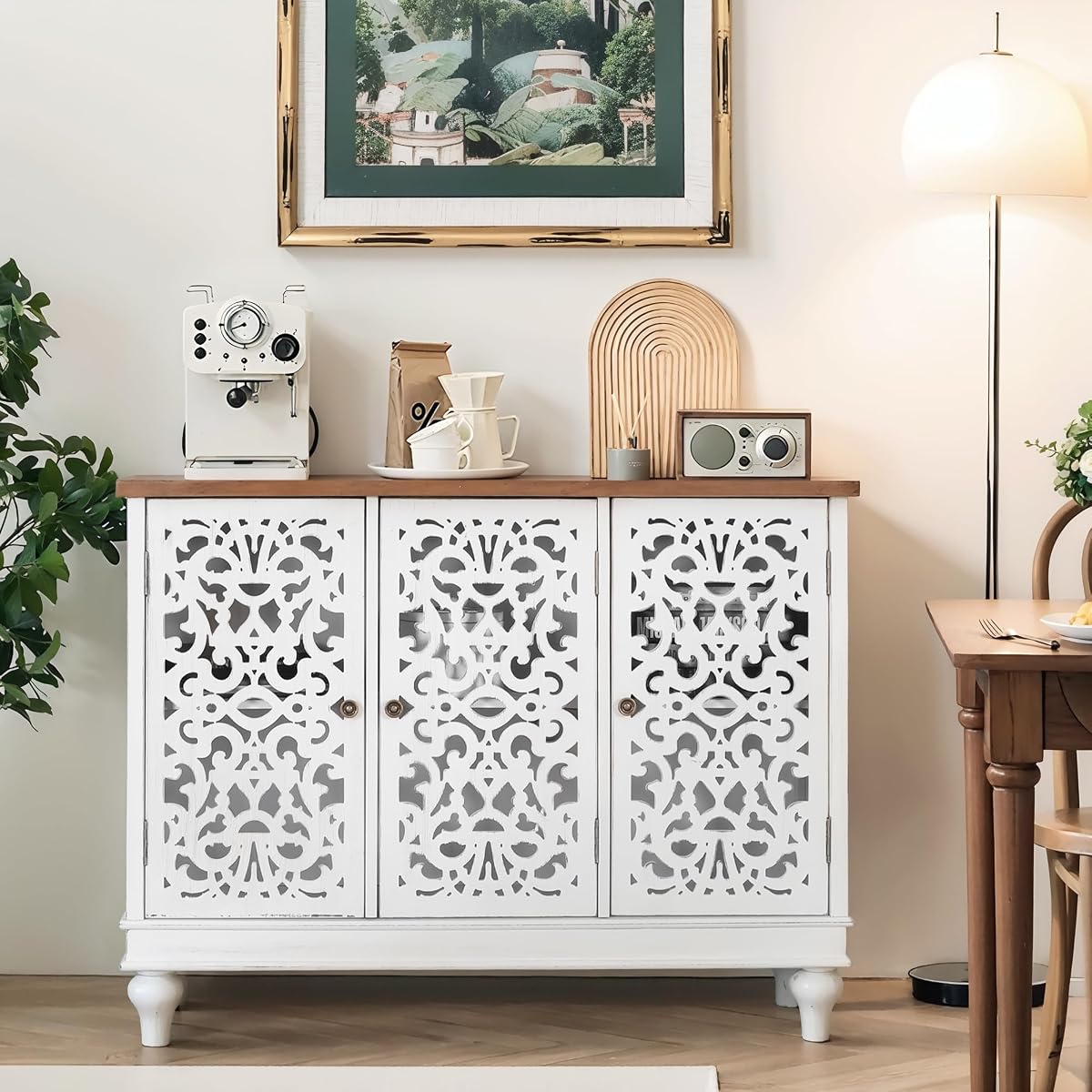 White Accent Cabinet with Doors, Farmhouse Credenza Cabinets for Living Room, Sideboard Buffet Cabinet with Storage