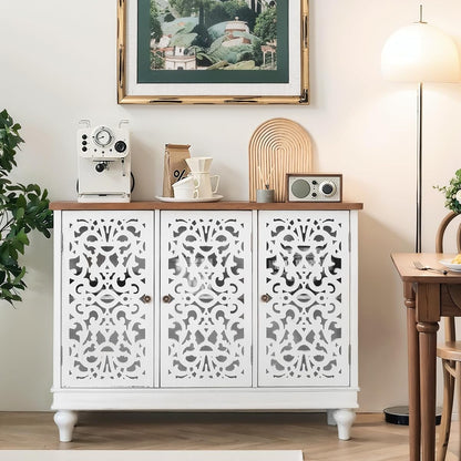 White Accent Cabinet with Doors, Farmhouse Credenza Cabinets for Living Room, Sideboard Buffet Cabinet with Storage