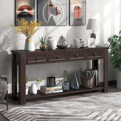 Console Table Hallway Sofa Entryway Side Table 63" Long Furniture with 4 Drawers and Bottom Shelf for Living Room Home Decor (Espresso)