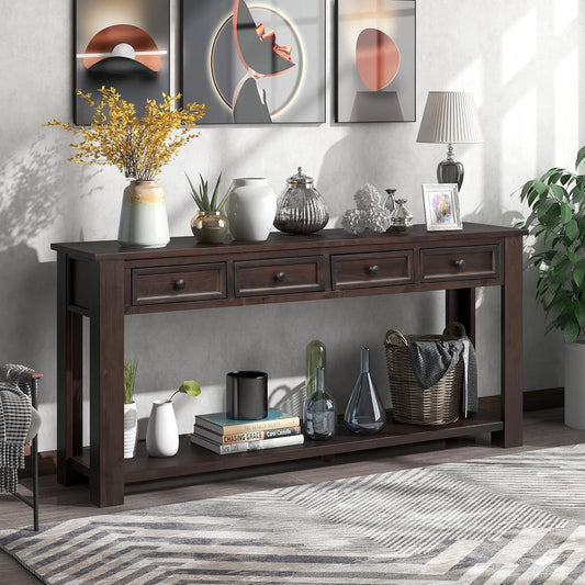 Console Table Hallway Sofa Entryway Side Table 63" Long Furniture with 4 Drawers and Bottom Shelf for Living Room Home Decor (Espresso)