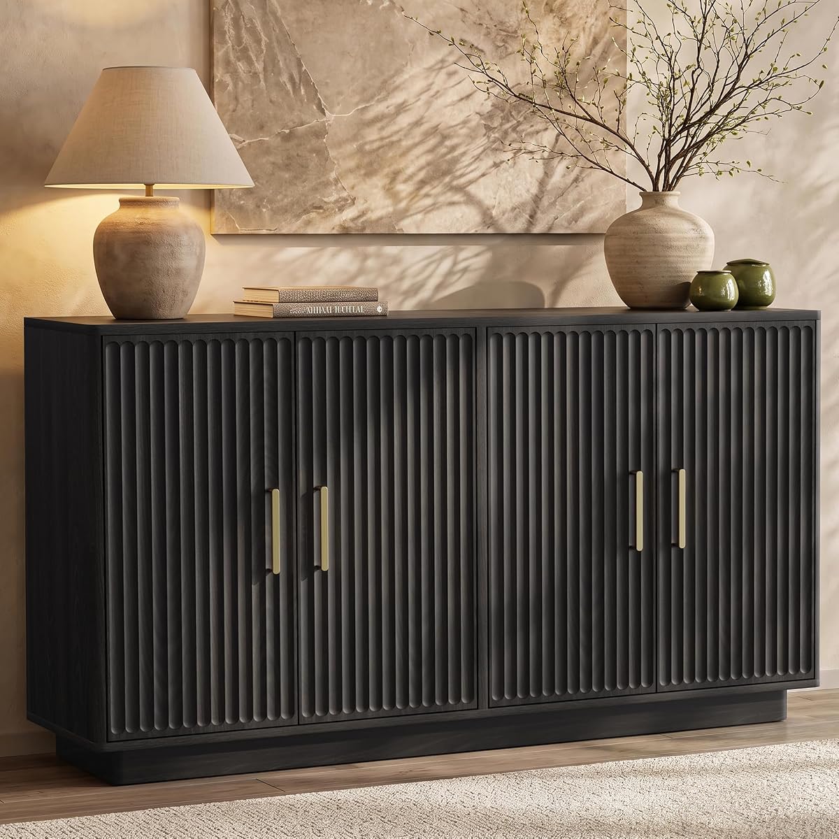 55" Fluted Buffet Cabinet with Storage, Modern Credenza, Black