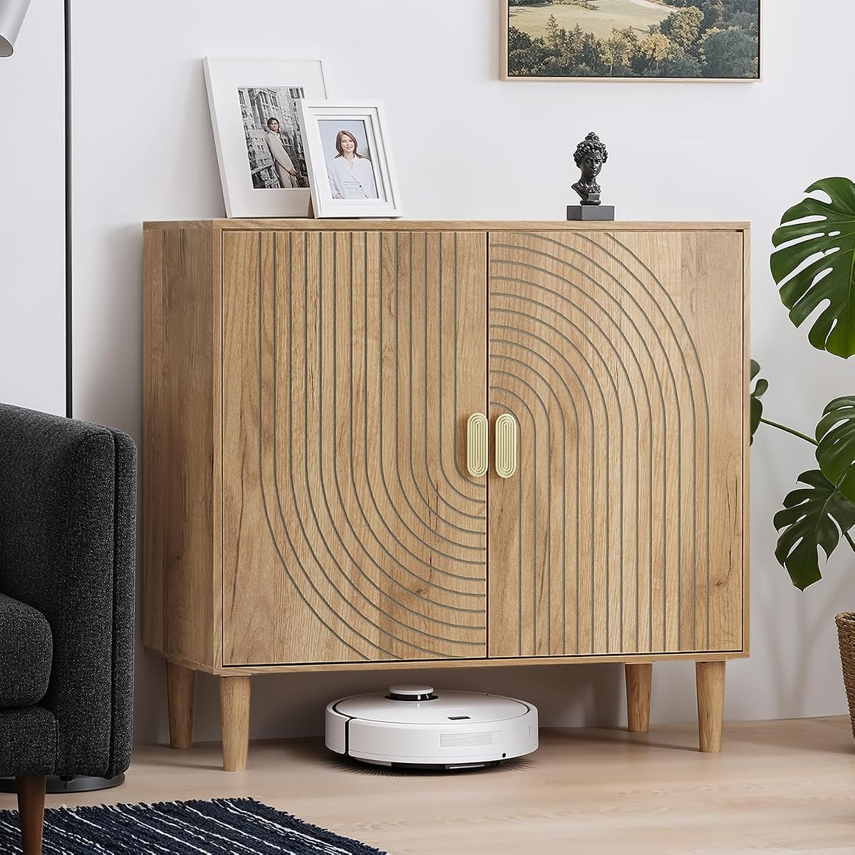 Oak Sideboard Cabinet, Freestanding Buffet Cabinet with Line Groove Design