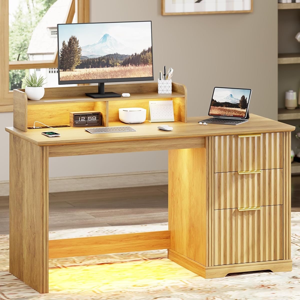 Computer Desk with Monitor Stand, 47 inch Home Office Desk with RGB LED Lights and Power Outlets, Writing Desk with Storage File Drawer for Working Gaming Writing, Wood