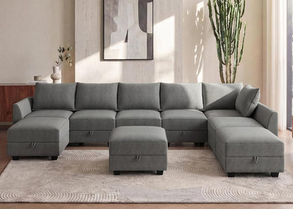 Oversized Modular Sectional Sofa with Storage Seats Reversible Couch with Ottomans U Shaped Modular Sectional Couch for Living Room, Grey