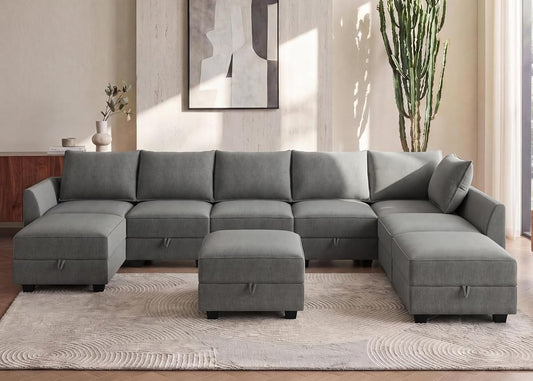 Oversized Modular Sectional Sofa with Storage Seats Reversible Couch with Ottomans U Shaped Modular Sectional Couch for Living Room, Grey