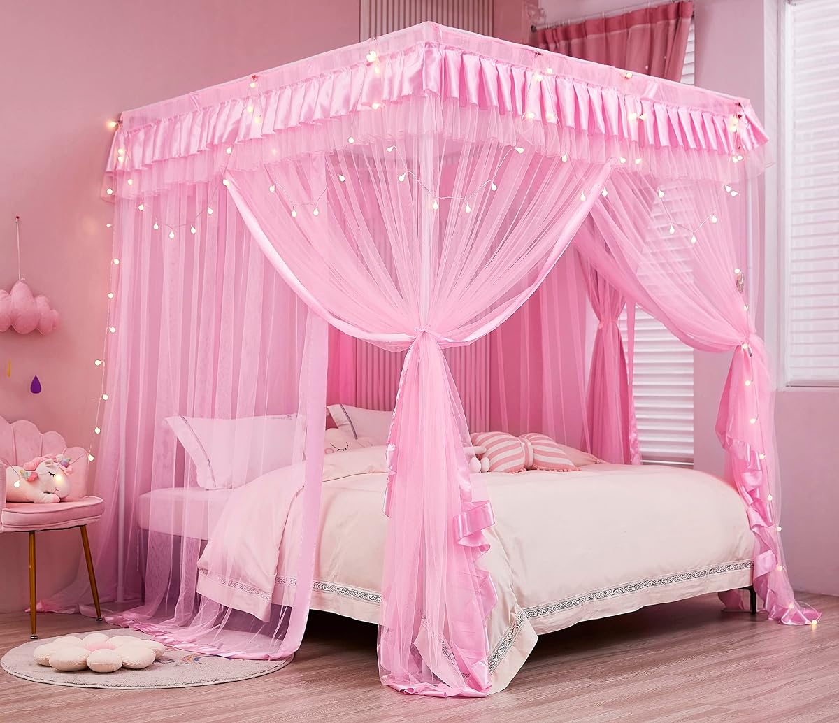 4 Corners Post Canopy Bed Curtains for Girls Full Size